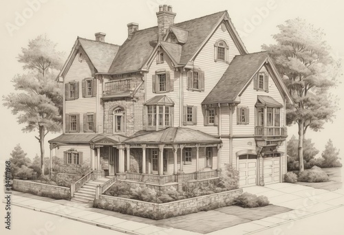 a drawing of a house with a lot of windows