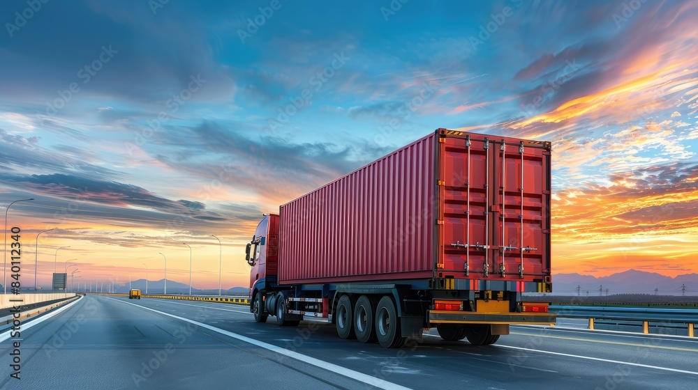 Container Truck run on highway road at sunset blue sky background Container Truck run on highway road at sunset blue sky background