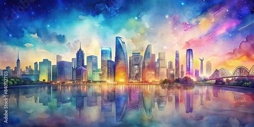 Vivid watercolor painting of Singapore's cityscape, Singapore, watercolor, painting, skyline, cityscape, colorful, architecture, buildings, urban, vibrant, artistic, travel, landmark, city © sompong