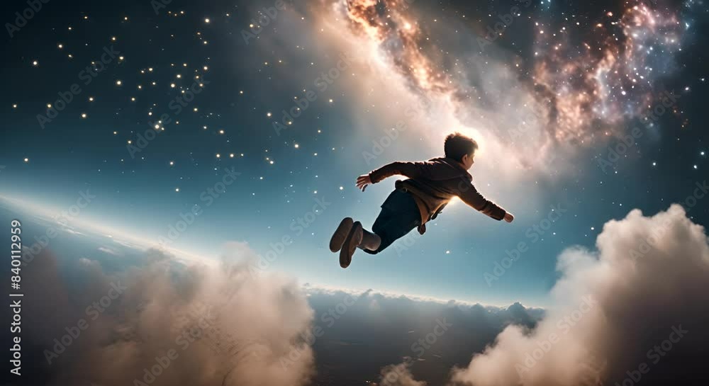 Boy flying in outer space.