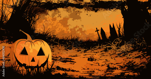Spooky halloween scene with Eerie smiling pumpkin on vibrant haunted orange background. Creepy Black and Orange Halloween Background with space for copy.