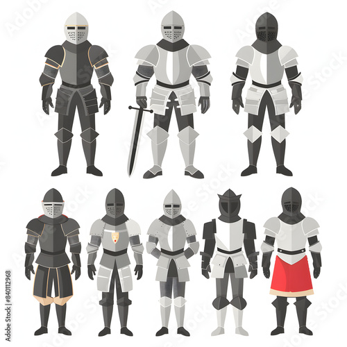 medieval knights armours in the armoury of the tower of london in london, uk isolated on white background, flat design, png
