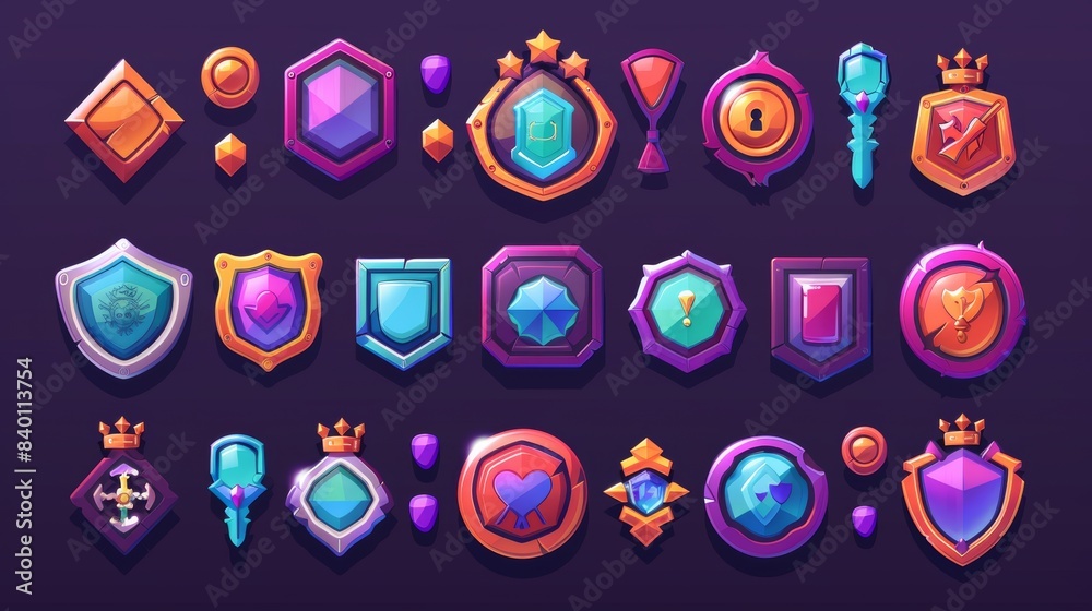 Cartoon interface elements, empty borders with banners, UI or GUI design scales, keys, user panel settings. Cartoon interface elements, empty borders with banners, UI or GUI design scales, keys, user panel settings.