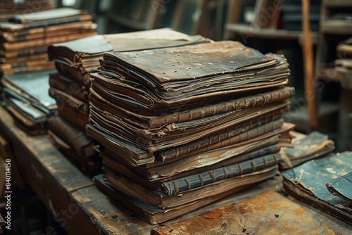 A stack of aged books rests atop a wooden table in the room