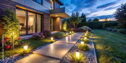 Illuminated pathway in front of a modern residential house with ambient lighting highlighting flowers and plants, modern, gardening, landscaping, design, details, illuminated #840116168