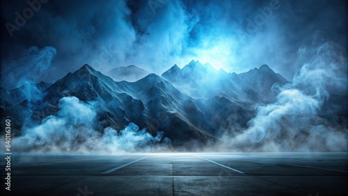 Dark street with asphalt abstract dark blue background and empty mountain range scene with smoke mist floating up for product display , Dark, Street, Asphalt, Abstract, Blue, Background