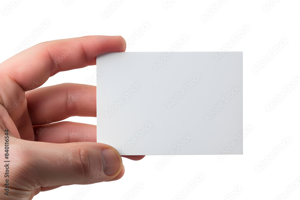 Fototapeta premium Business card mockup in man hand. Blank calling card template isolated on white background