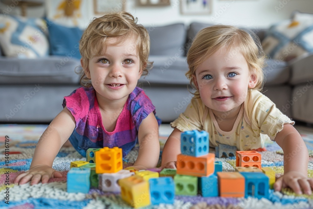 Fototapeta premium Two young girls lying floor play