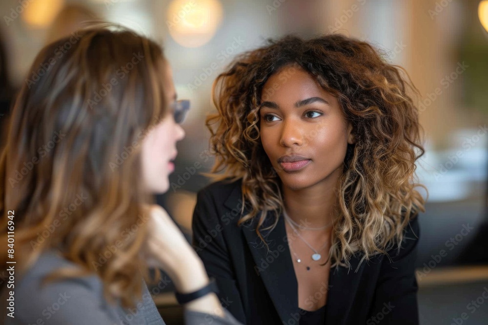 Two women conversing at a table Two women conversing at a table