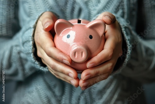 Person holding pink piggy bank photo