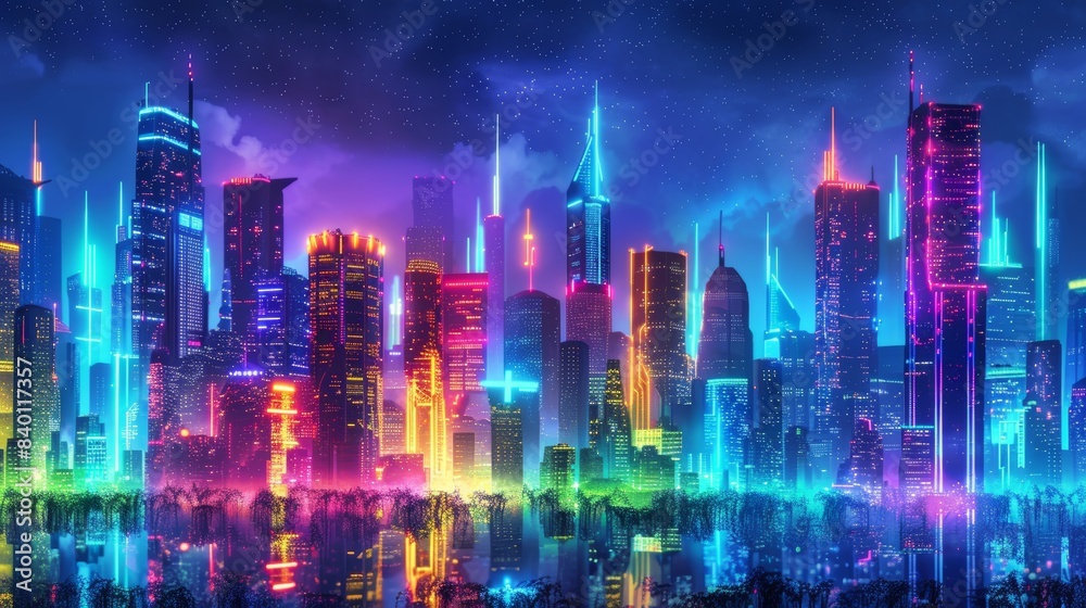 Future neon night city, neon lights, lights of a large metropolis, high-rise buildings, 3d illustration. Future neon night city, neon lights, lights of a large metropolis, high-rise buildings, 3d illustration.