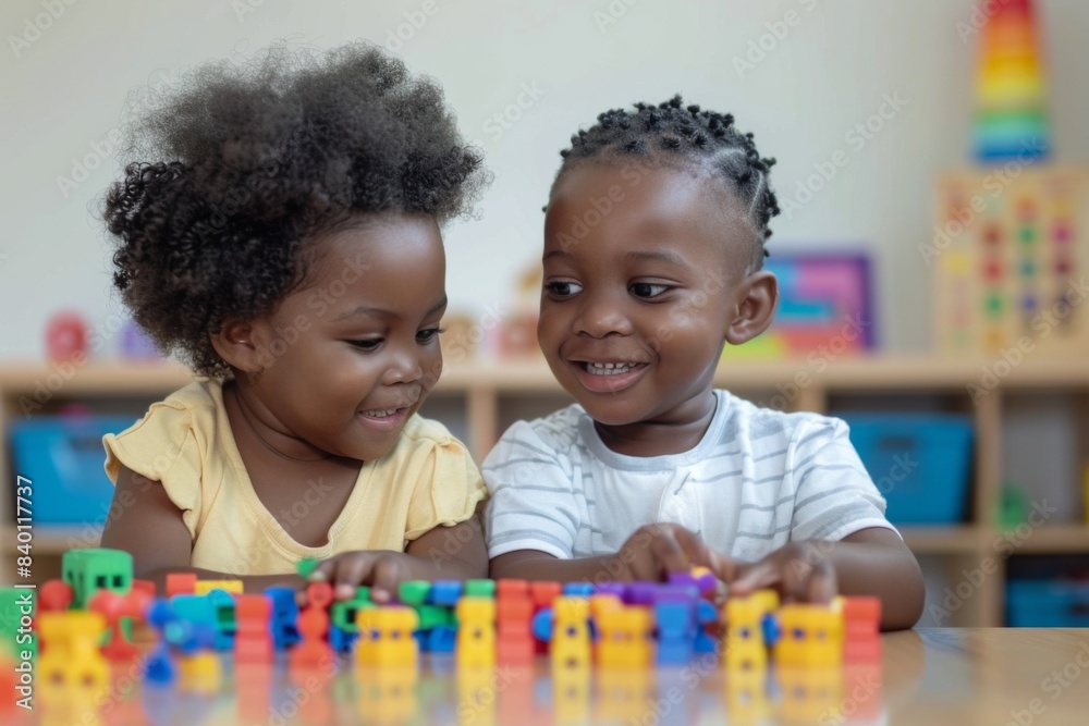 Two kids building with bright blocks indoors Two kids building with bright blocks indoors