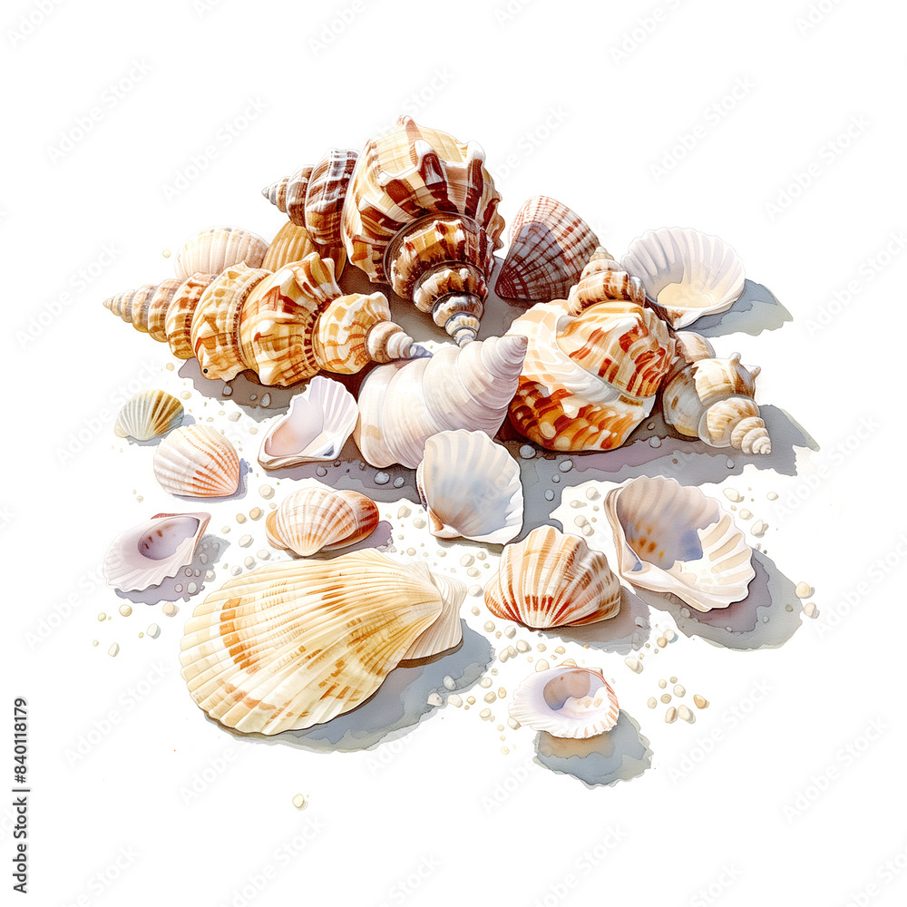 Watercolor illustration of various kinds of shells on white background