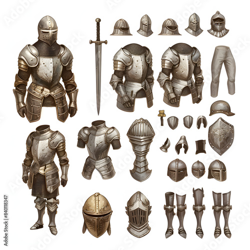 medieval knights armours in the armoury of the tower of london in london, uk isolated on white background, isometry, png