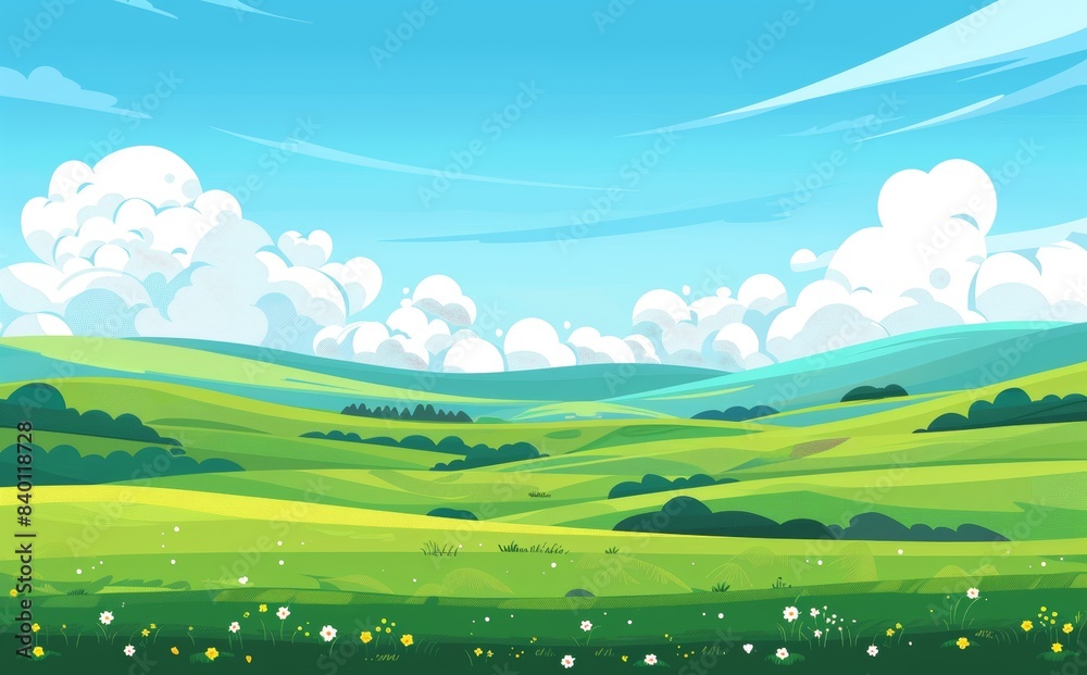 Beautiful fields landscape modern illustration with a dawning sky, green hills, and bright blue sky. Beautiful fields landscape modern illustration with a dawning sky, green hills, and bright blue sky.