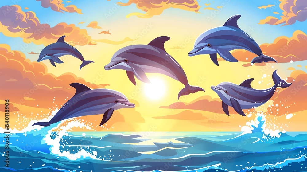 Obraz premium Five dolphins leap from the ocean at sunset.