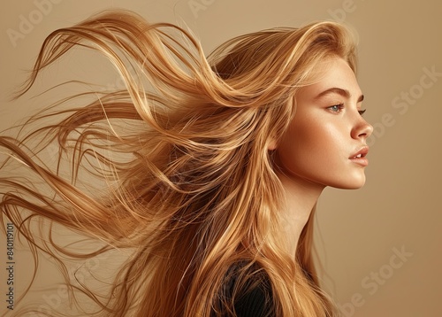 Blonde woman model with long hair in motion,Young girl with hair flying in the wind,female model woman shaking her beautiful hair in motion,Beauty Portrait.