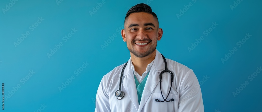 man doctor radiates warmth and competence against a serene blue backdrop, exuding professionalism and empathy man doctor radiates warmth and competence against a serene blue backdrop, exuding professionalism and empathy