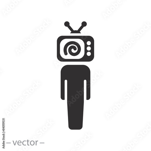 news fake manipulation icon, television addiction, influence media propaganda, lost person with tv monitor, flat symbol on white background - vector illustration