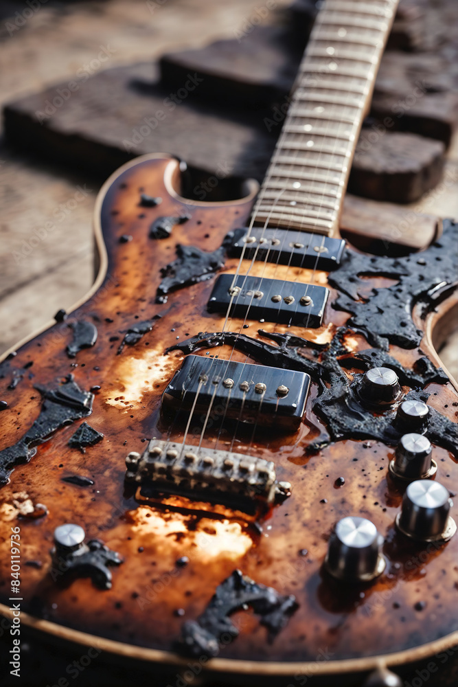 A burnt guitar with a blackened fretboard A burnt guitar with a blackened fretboard