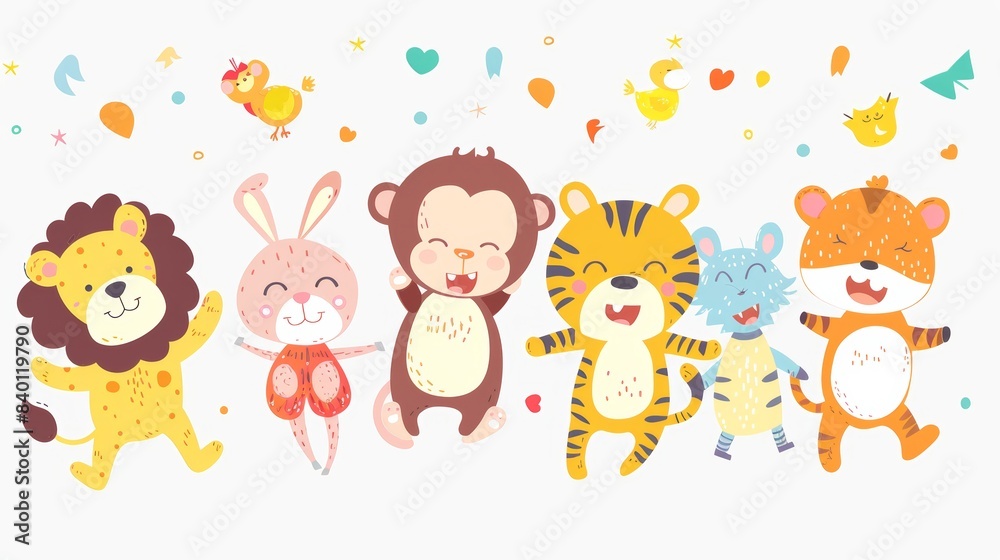 The cute cartoon clipart illustration shows a baby bear, a tiger, a lion, a monkey, a penguin, raccoon, and a squirrel jumping or dancing. Clipart illustration of kids dancing happy to the beat of The cute cartoon clipart illustration shows a baby bear, a tiger, a lion, a monkey, a penguin, raccoon, and a squirrel jumping or dancing. Clipart illustration of kids dancing happy to the beat of