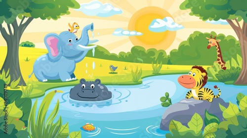 A modern cartoon illustration of elephants  zebras  crocodiles  and hippopotami on a river bank in savannah.