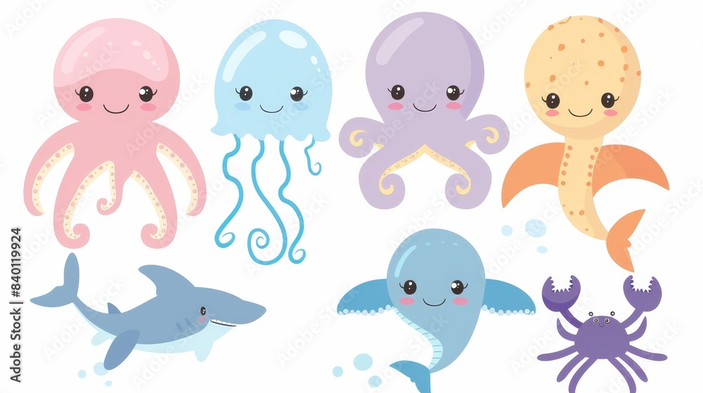 Objects of marine life drawn with doodles for your designs.
