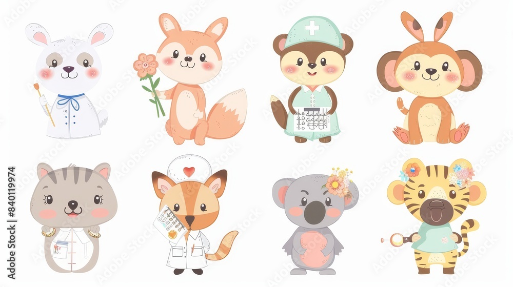 The cartoon characters appear to be doctors, funny characters with medical tools, a stethoscope, and a syringe. The cartoon characters also appear to be nurses in a hospital, today's modern images. The cartoon characters appear to be doctors, funny characters with medical tools, a stethoscope, and a syringe. The cartoon characters also appear to be nurses in a hospital, today's modern images.