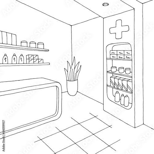 Pharmacy interior graphic store shop black white sketch illustration vector 