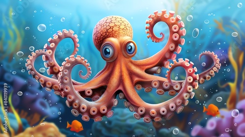 Cute cartoon octopus with big eyes in underwater scene. © LittleDreamStocks