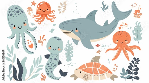 Several sea creatures cartoon modern illustration set  turtles  squids  fishes  whales  octopuses  submarines