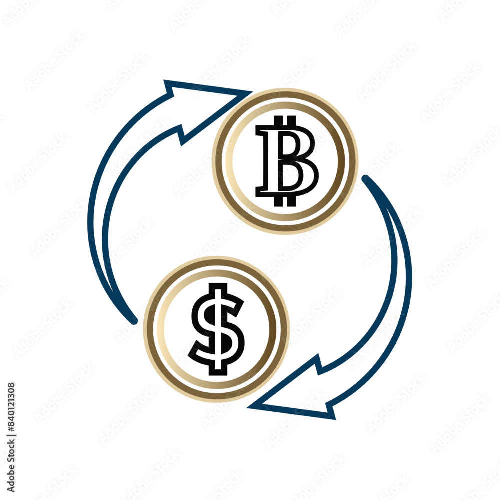 dollar coins and bit coins with arrows. money exchange or transaction. outline style design. Suitable for use for reports, presentations, finance. vector design template dollar coins and bit coins with arrows. money exchange or transaction. outline style design. Suitable for use for reports, presentations, finance. vector design template