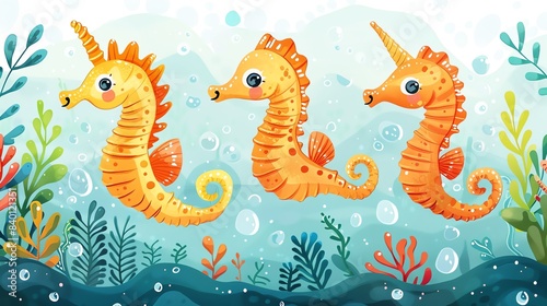 Seahorse cartoon card featuring adorable seahorses floating among seaweed and bubbles