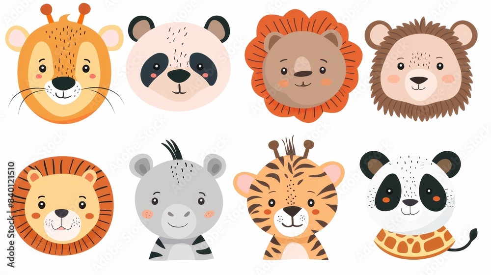 Obraz premium A kawaii style safari animal face. Cute jungle animal heads. Fun modern illustration.