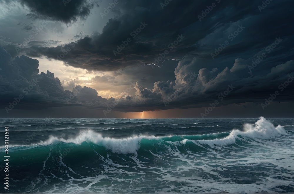 Fototapeta premium Seascape nature sunset at beach, storm.