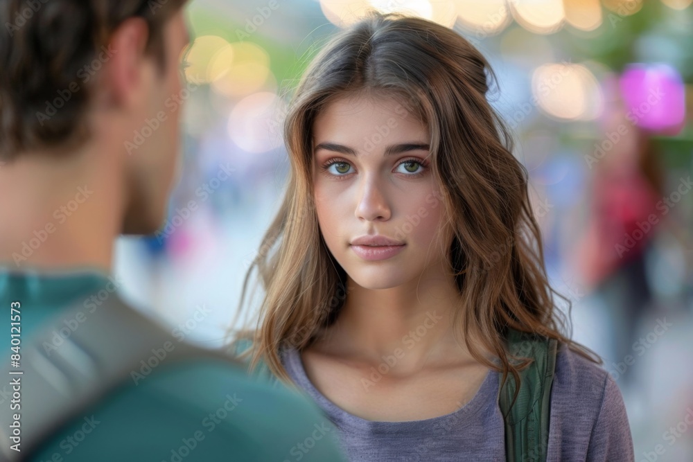 Woman observing man in urban setting Woman observing man in urban setting