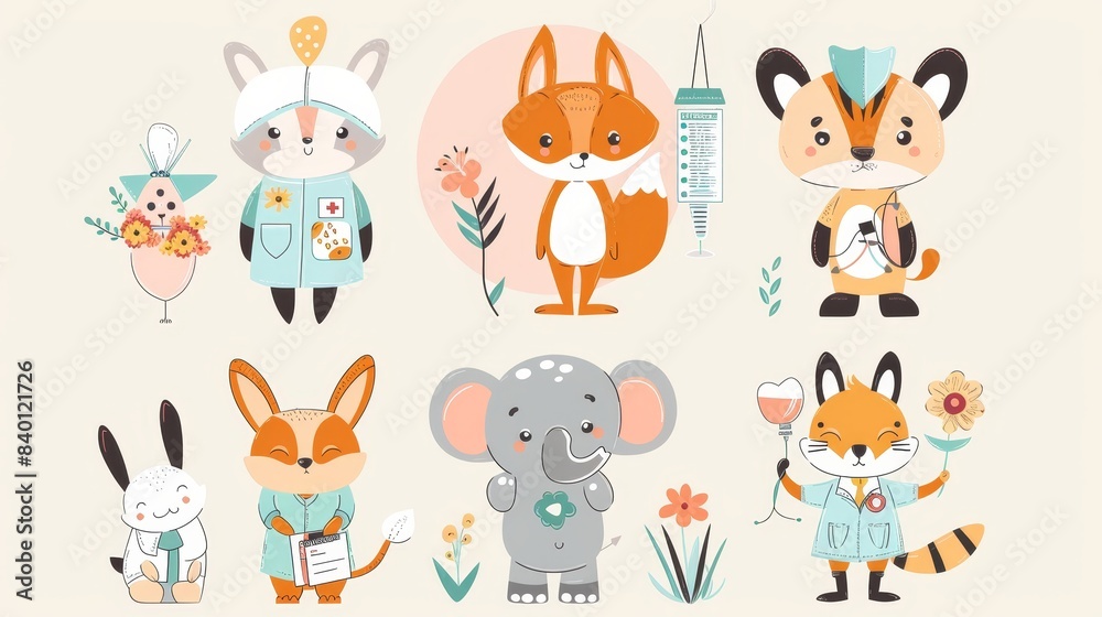 Funny cartoon animals with stethoscopes and syringes, funny animals with medical tools. Nurses in hospitals, nowaday modern characters. Funny cartoon animals with stethoscopes and syringes, funny animals with medical tools. Nurses in hospitals, nowaday modern characters.
