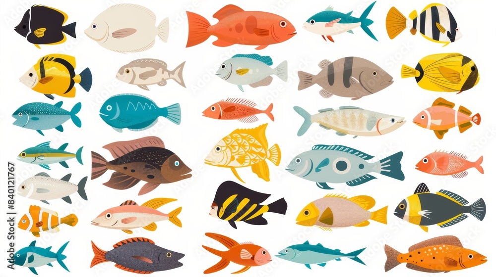 Cartoon set of fish isolated on white. Modern illustration. Cartoon set of fish isolated on white. Modern illustration.