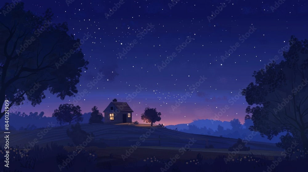 Fototapeta premium A cozy cottage with a warm light on a hill under a star-filled sky