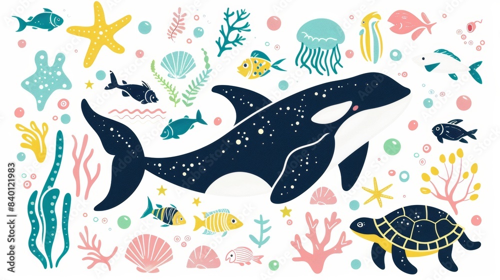 Modern set of ocean inhabitants, fish, turtles, whales, jellyfish, algae, shells. Ocean animals, underwater world. Marine life. Modern set of ocean inhabitants. Modern set of ocean inhabitants, fish, turtles, whales, jellyfish, algae, shells. Ocean animals, underwater world. Marine life. Modern set of ocean inhabitants.