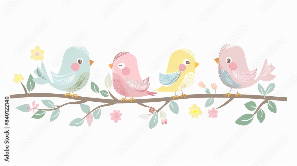 A collection of spring birds. A variety of beautiful birds with flowers and branches. Modern cartoon illustration in a childish style, isolated against white background. A collection of spring birds. A variety of beautiful birds with flowers and branches. Modern cartoon illustration in a childish style, isolated against white background.