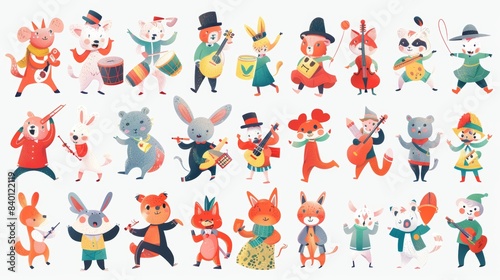 Musicians and dancers playing music at a festival kid party. Cartoon animal playing music. Modern image. Funny cute wild animal. Dancing animals playing different instruments. Musicians and dancers