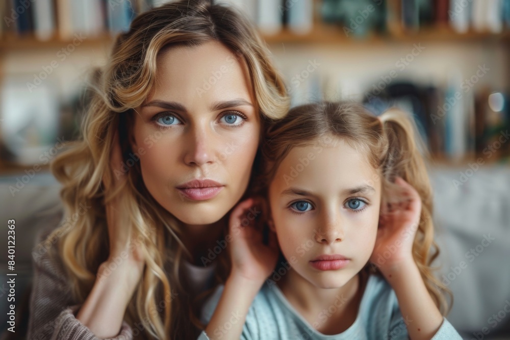 Blonde woman, child, couch, bookshelves Blonde woman, child, couch, bookshelves