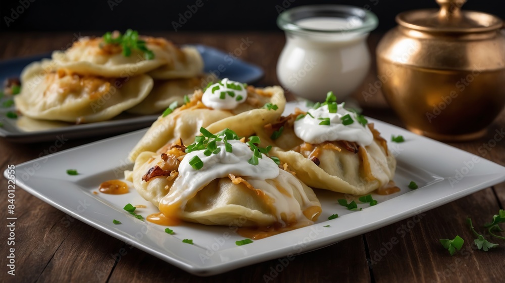 Ukrainian varenyky with sour cream and onions Ukrainian varenyky with sour cream and onions