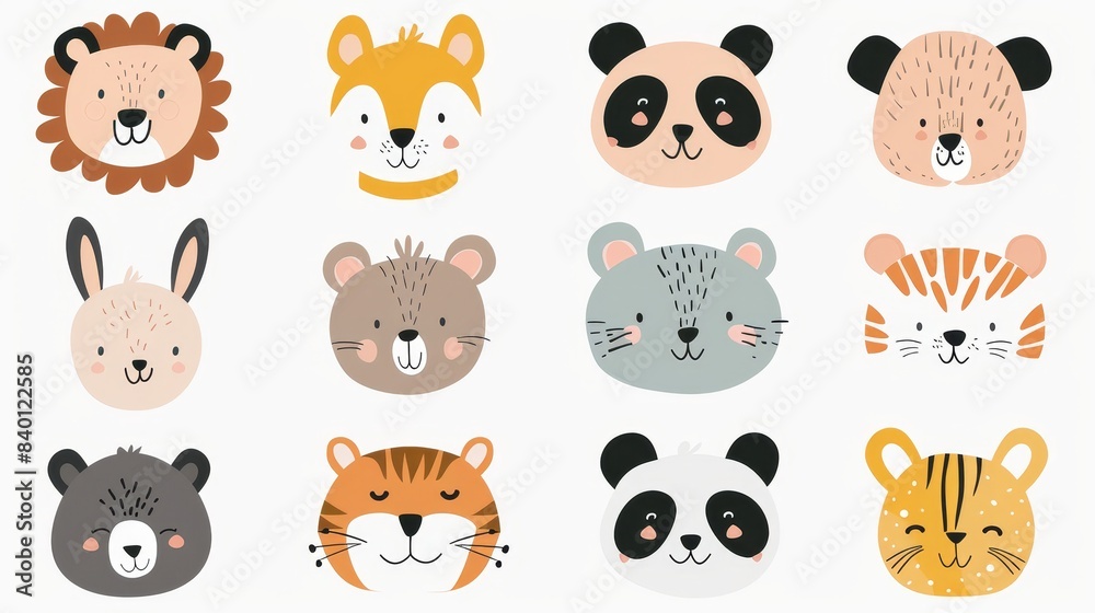 Cute cartoon animal illustrations for baby cards. Lion, dog, bunny, bear, panda, tiger, cat, fox, cartoon bear, monkey.
