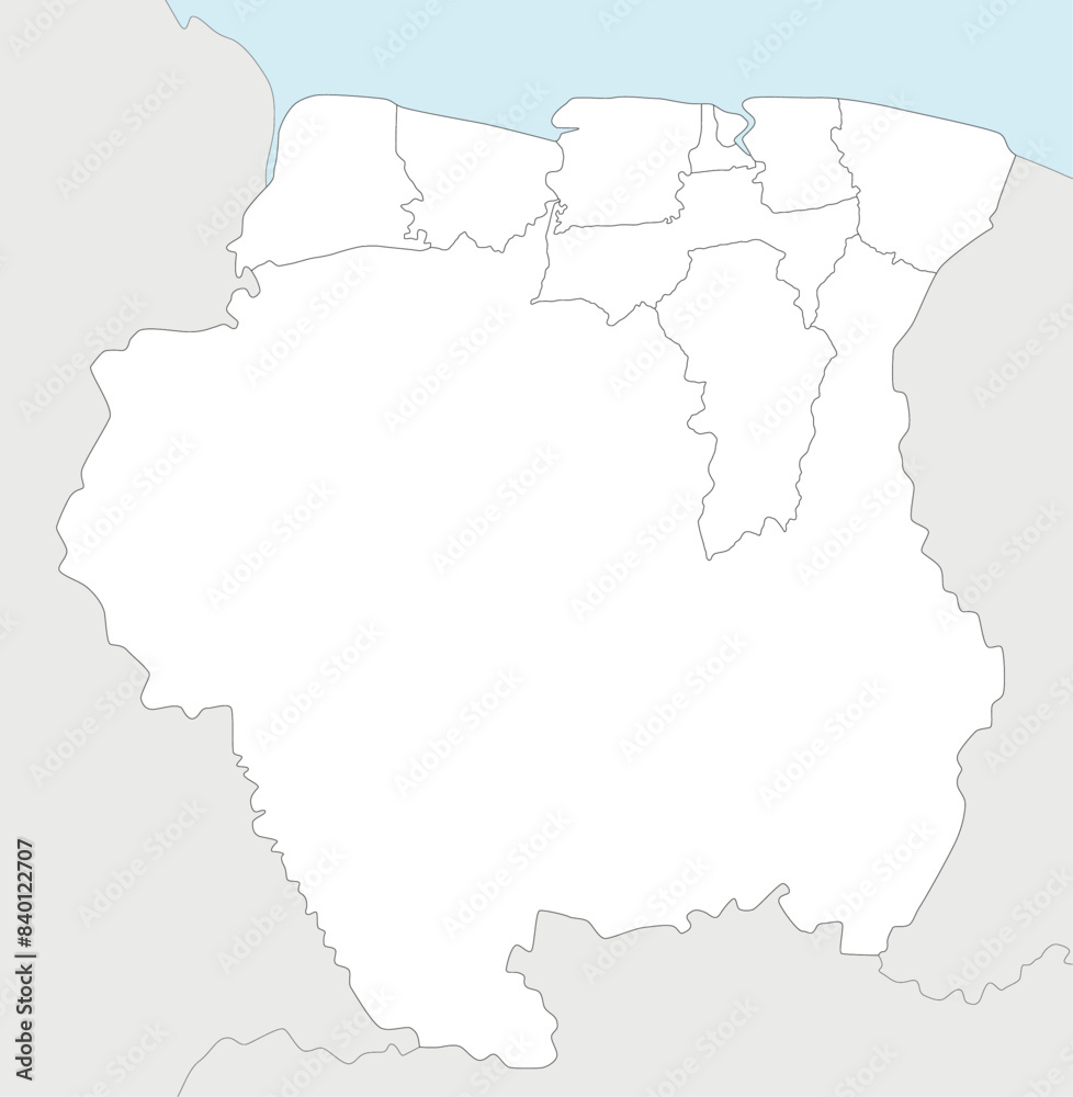 Fototapeta premium Vector blank map of Suriname with districts and administrative divisions, and neighbouring countries. Editable and clearly labeled layers.