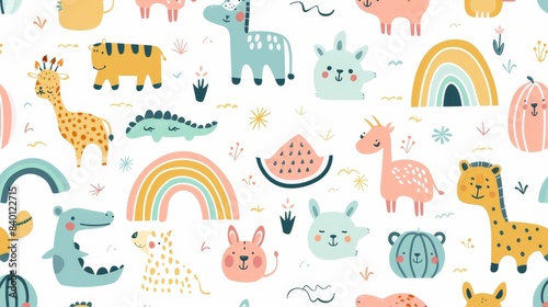 Wallpaper Mural A colorful bright stylish trendy rainbow pattern modern illustration. Baby animals pattern. Fabric pattern. Cute animal cartoon illustration. Nursery baby pattern. Torontodigital.ca