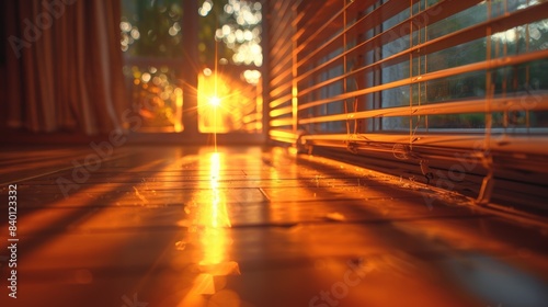 Golden Hour: Sunlit Window with Blinds. A tranquil image of a window with blinds, basking in the warm, golden light of the sunset.