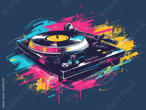 Turntable vinyl record player with colorful grunge background vector illustration