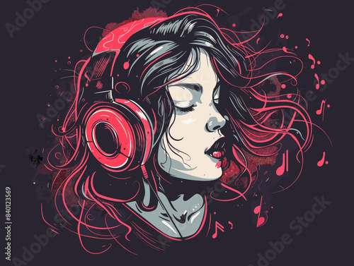 Vector illustration of a girl listening to music with headphones on grunge background.
